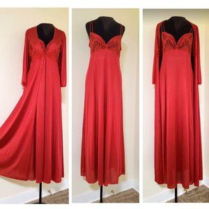 STUNNING Vintage Red Lace Nightgown and Robe Set - Size Medium/Large